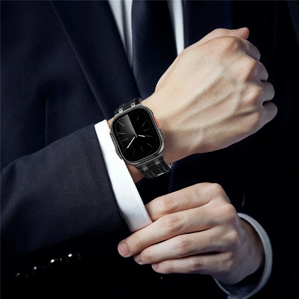 Denim Style Leather Band for Apple Watch Ultra 3 2 1 49mm  /  Series 11 10 46mm  /  9 8 7 45mm  /  SE3 SE2 SE 6 5 4 44mm  /  3 2 1 42mm Replacement Wristband - All Black - 6