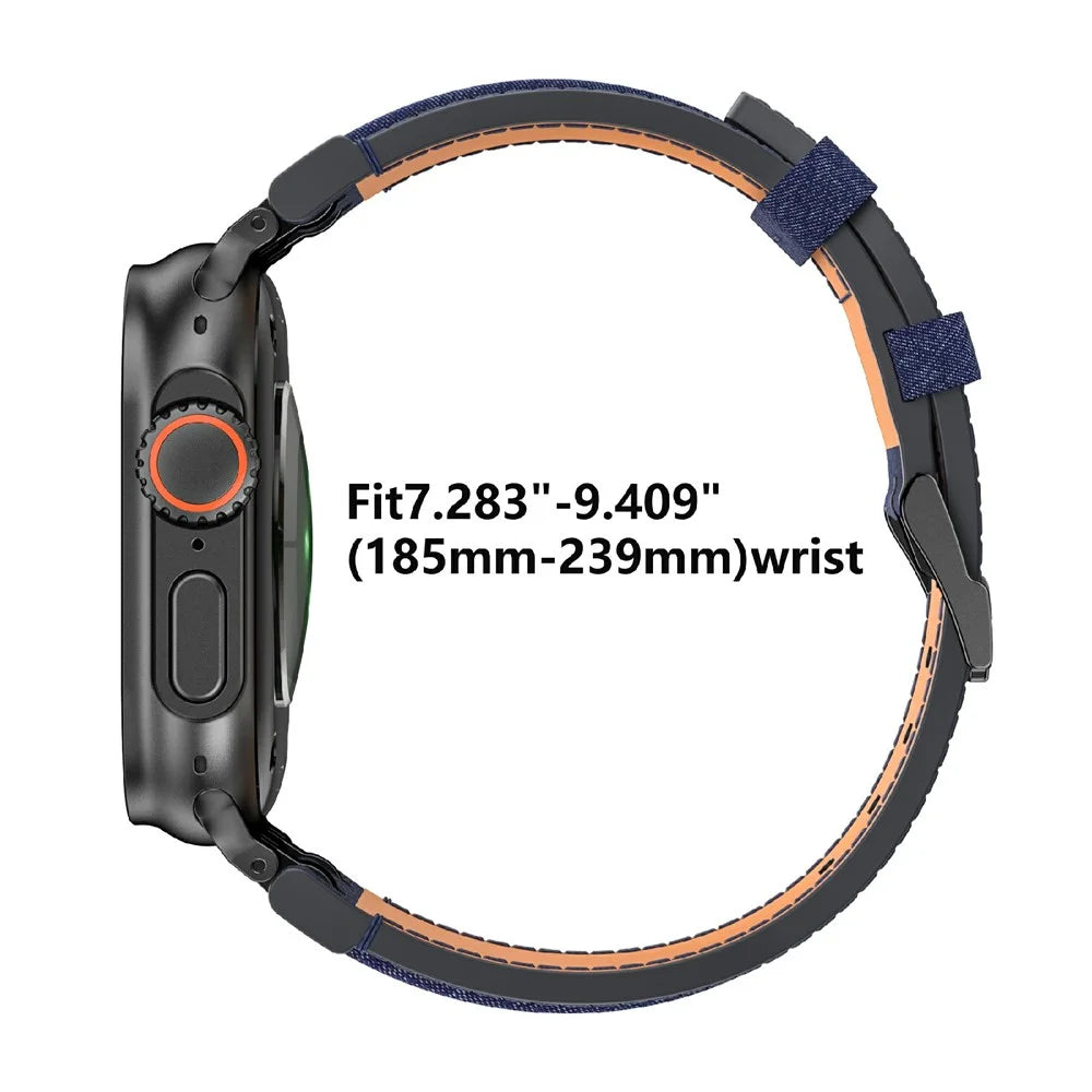 Denim Style Leather Band for Apple Watch Ultra 3 2 1 49mm  /  Series 11 10 46mm  /  9 8 7 45mm  /  SE3 SE2 SE 6 5 4 44mm  /  3 2 1 42mm Replacement Wristband - All Black - 7