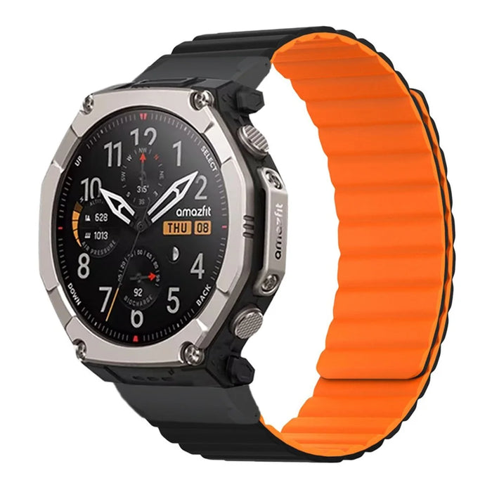 For Huami Amazfit T-Rex Ultra 2 Magnetic Silicone Strap 26mm Quick Release Spring Bar Watch Band - Black / Orange - 3