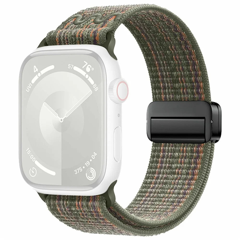 Magnetic Buckle Nylon Strap for Apple Watch Series 11 10 42mm / 9 8 7 41mm / SE3 SE2 SE 6 5 4 40mm / 3 2 1 38mm Sport Watch Band - Dark Green / Orange - 1