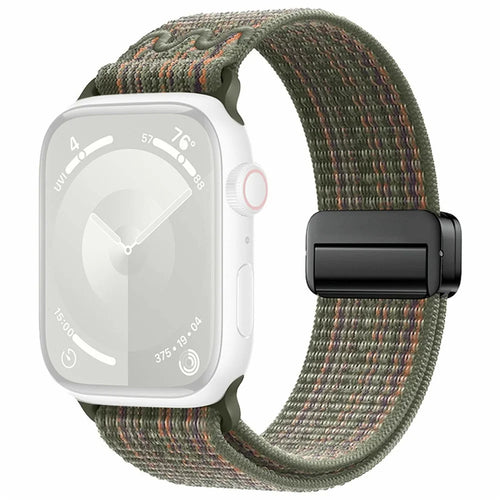 Magnetic Buckle Nylon Strap for Apple Watch Ultra 3 2 1 49mm / Series 11 10 46mm / 9 8 7 45mm / SE3 SE2 SE 6 5 4 44mm / 3 2 1 42mm Sport Watch Band - Dark Green / Orange - 1