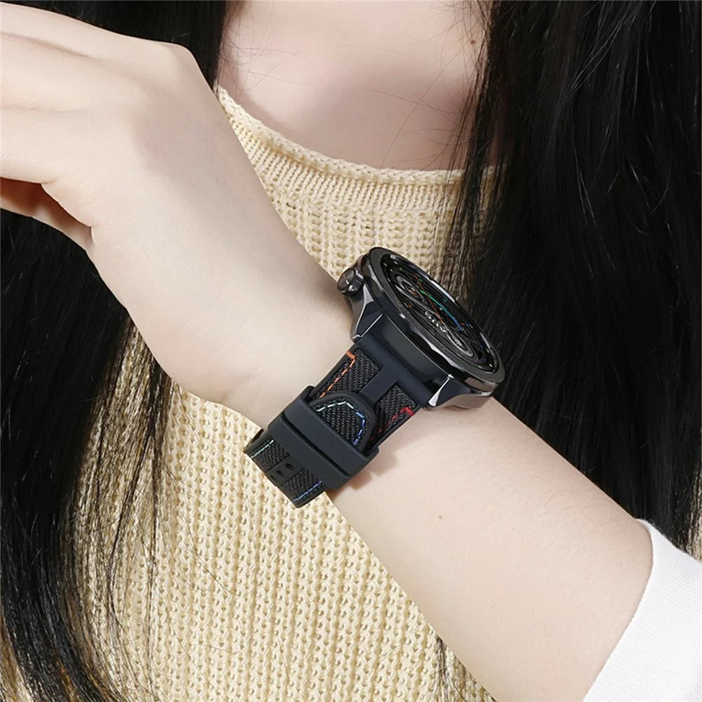 22mm Fluoroelastomer Nylon Strap for Xiaomi Watch S5 / Huawei Watch GT 6 46mm / GT 5 46mm Adjustable Watch Band - Black / Rainbow Stitching - 7