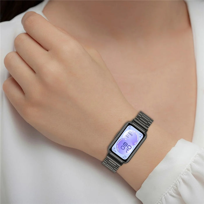 Watch Band for Huawei Band 11  /  11 Pro  /  11 NFC  /  11 Pro NFC Stainless Steel Three-Bead Replacement Strap with Tool - Black - 5