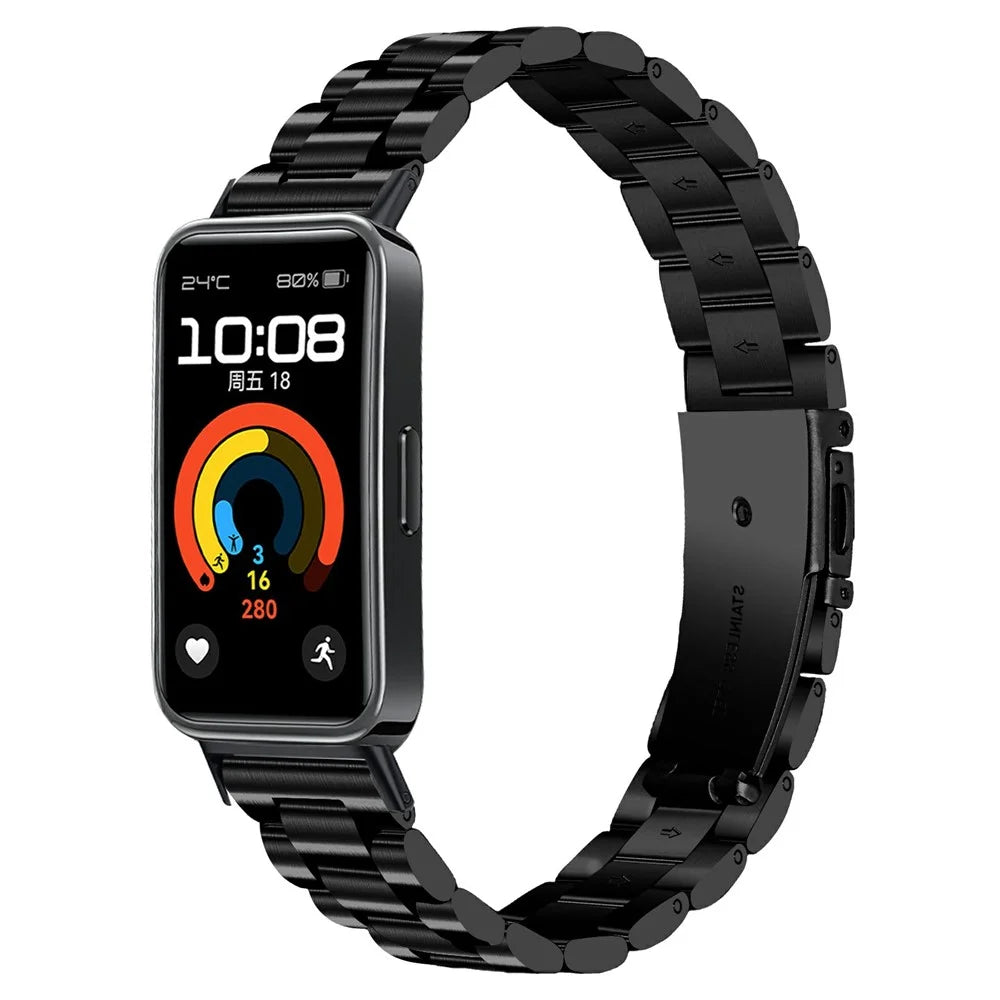 Colored Watch Band for Huawei Band 11 / 11 Pro Stainless Steel 3-Bead Metal Strap - Black - 2