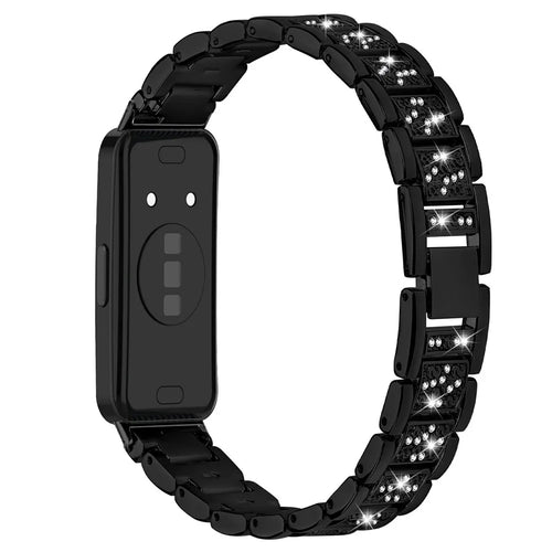 For Huawei Band 11 / 11 Pro Electroplate Color Slim Band Metal Watch Strap with Rhinestones Decor - Black - 1
