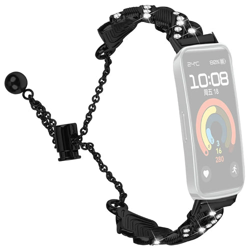 For Huawei Band 11 / 11 Pro Watch Band Drawstring Lock Electroplated Zinc Alloy Rhinestone Decor Bracelet Strap - Black - 1