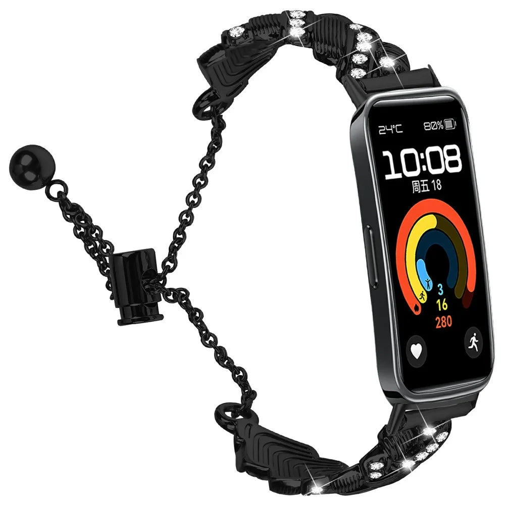 For Huawei Band 11 / 11 Pro Watch Band Drawstring Lock Electroplated Zinc Alloy Rhinestone Decor Bracelet Strap - Black - 2