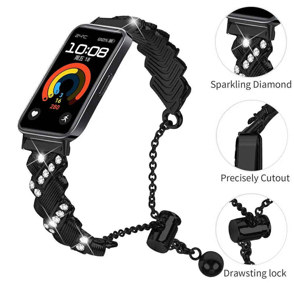 For Huawei Band 11 / 11 Pro Watch Band Drawstring Lock Electroplated Zinc Alloy Rhinestone Decor Bracelet Strap - Black - 3