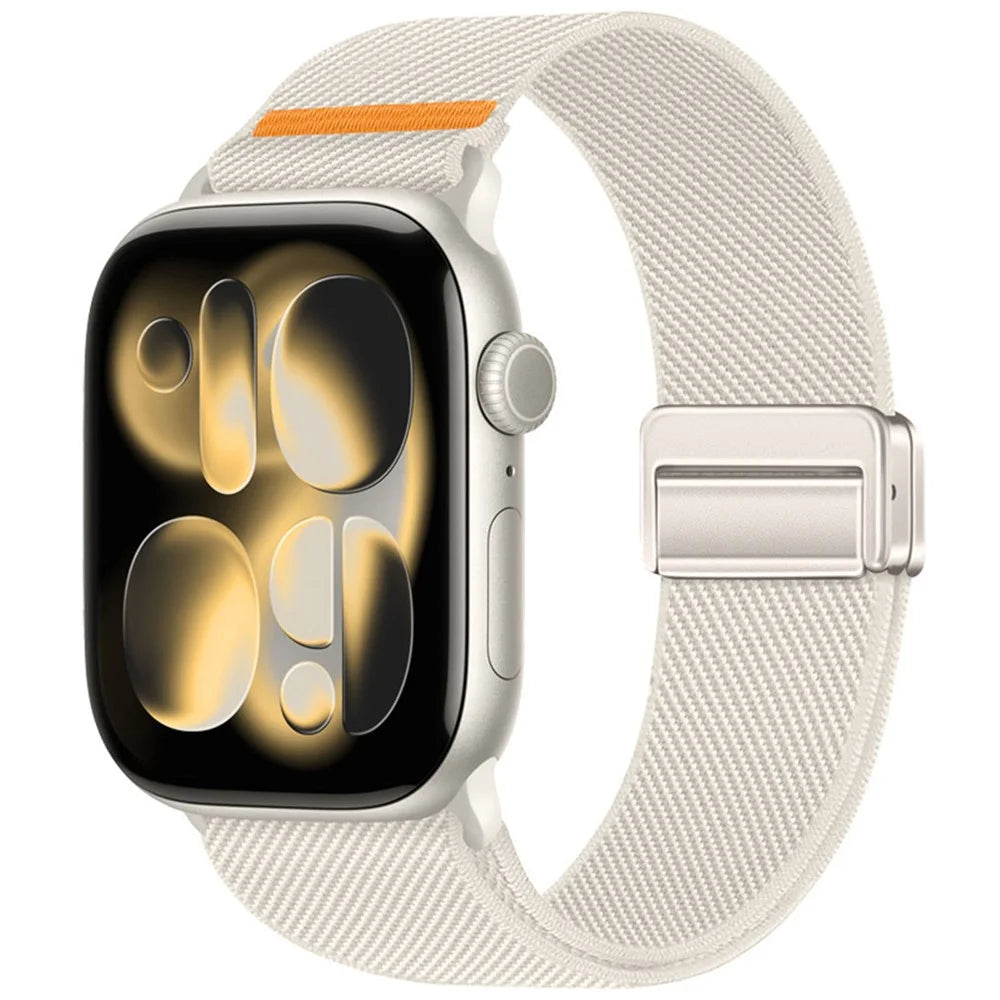 Double Magnetic Buckle Strap for Apple Watch Ultra 3 2 1 49mm / Series 11 10 46mm / 9 8 7 45mm / SE3 SE2 SE 6 5 4 44mm / 3 2 1 42mm Stretchy Woven Nylon Band - Starlight - 2