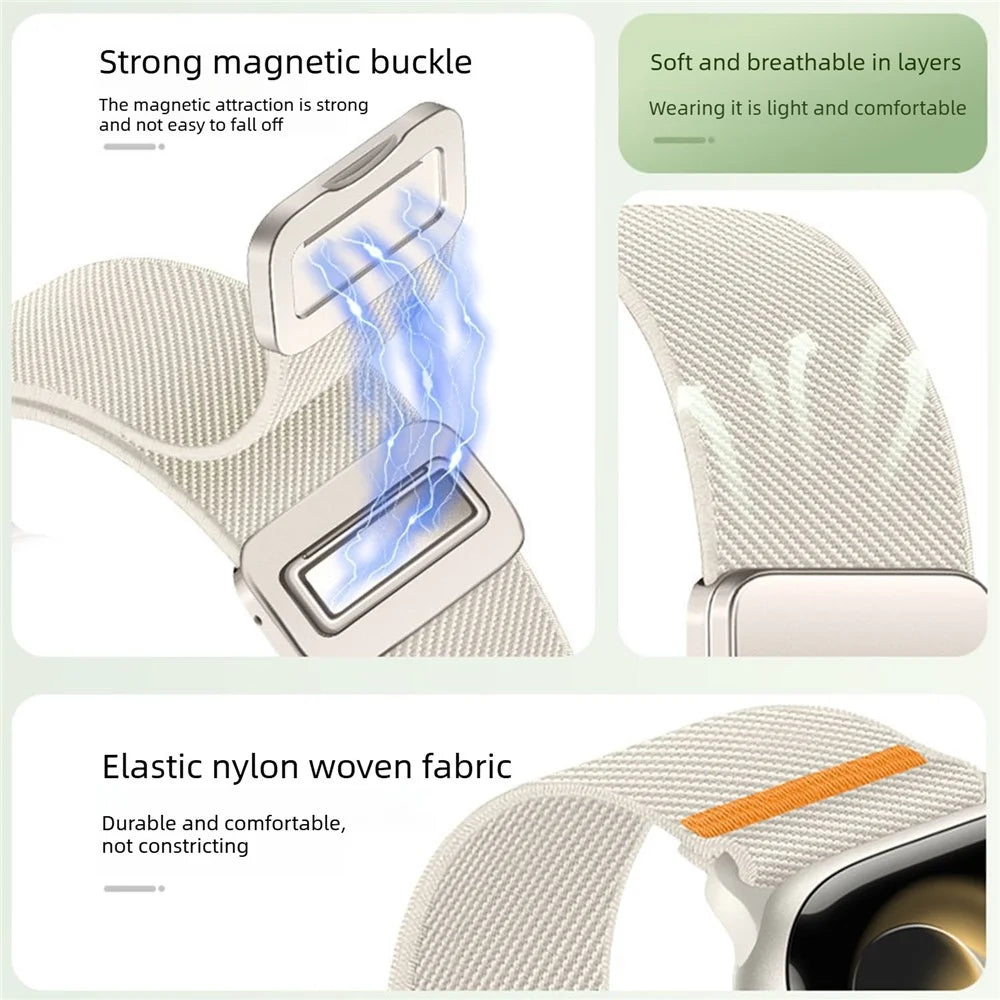 Double Magnetic Buckle Strap for Apple Watch Ultra 3 2 1 49mm / Series 11 10 46mm / 9 8 7 45mm / SE3 SE2 SE 6 5 4 44mm / 3 2 1 42mm Stretchy Woven Nylon Band - Starlight - 4
