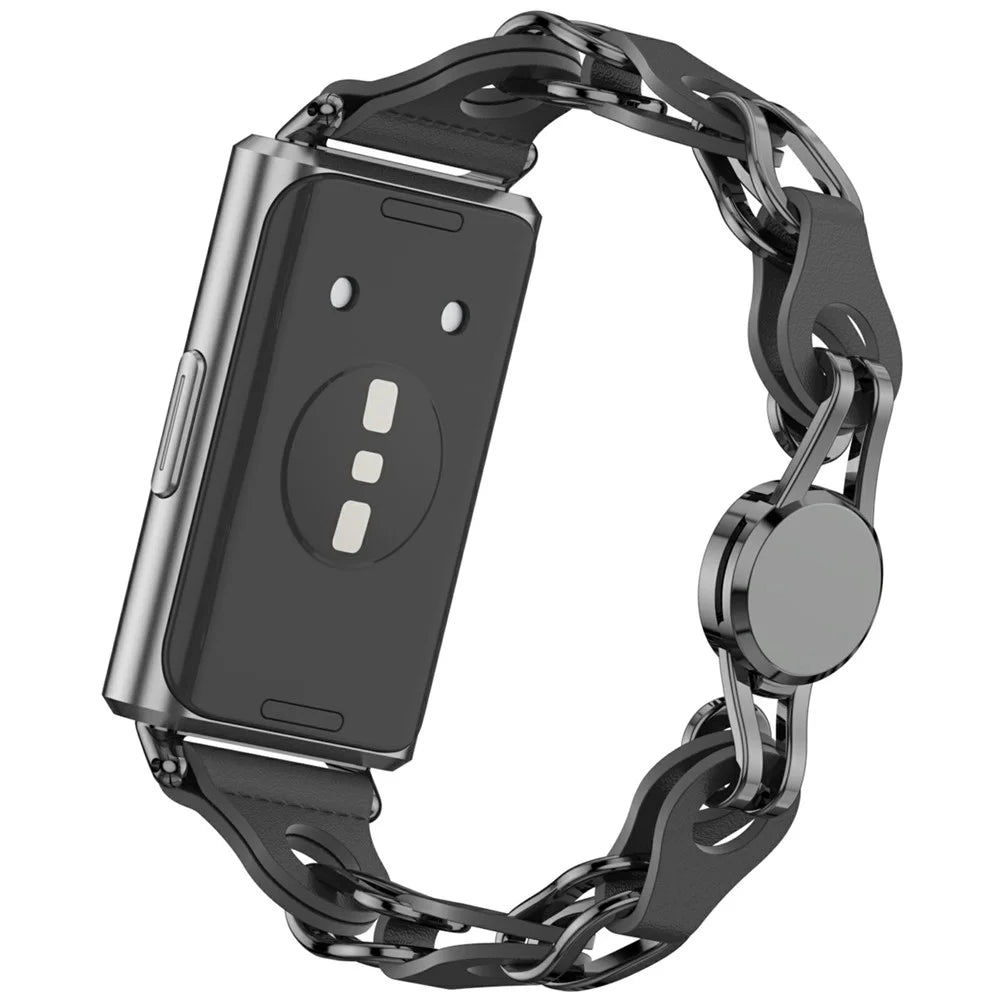 Hollow Out Watch Strap for Huawei Band 11 Pro NFC / 11 NFC / 11 Pro / 11 Metal + Leather Chain Band Replacement - Black - 1