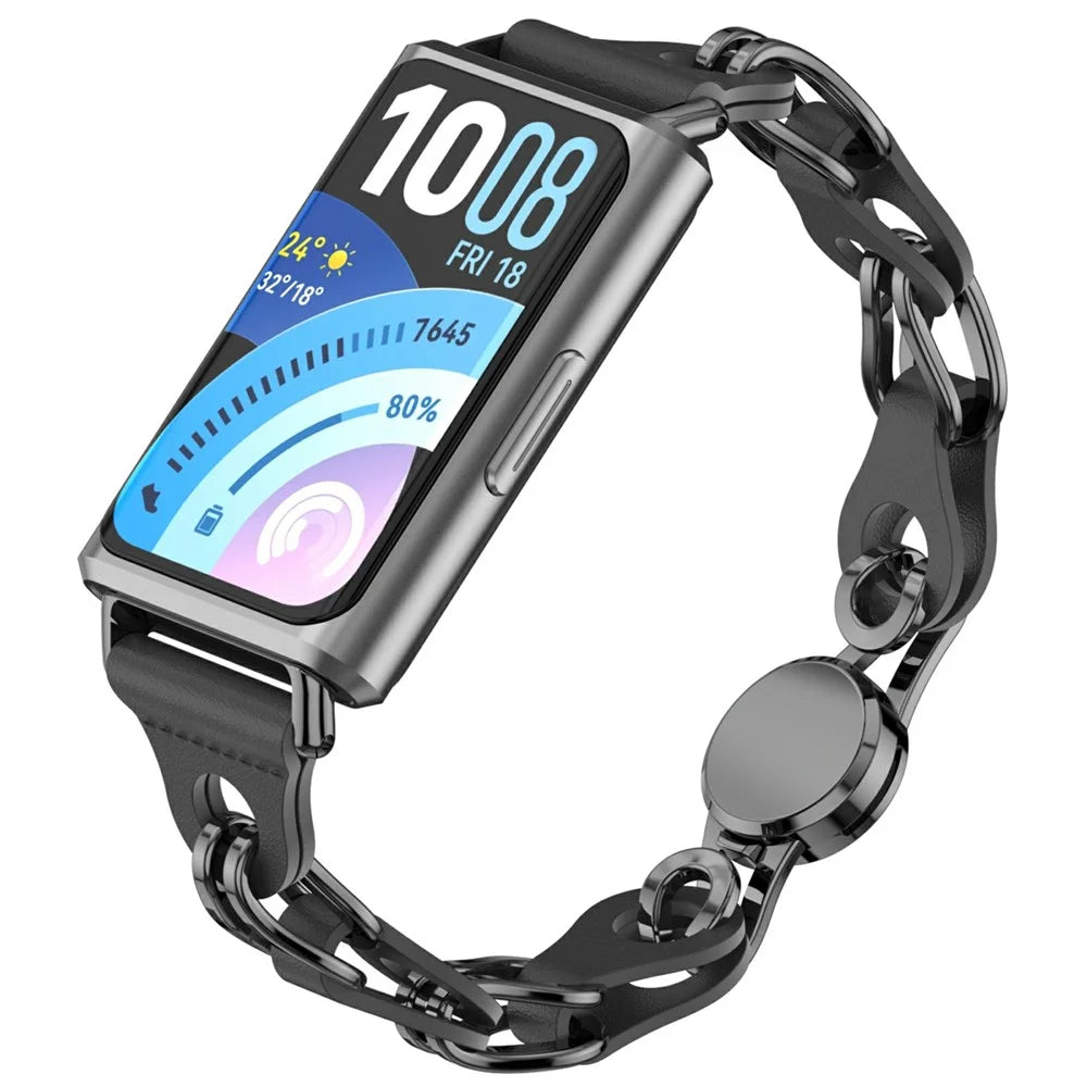 Hollow Out Watch Strap for Huawei Band 11 Pro NFC / 11 NFC / 11 Pro / 11 Metal + Leather Chain Band Replacement - Black - 2