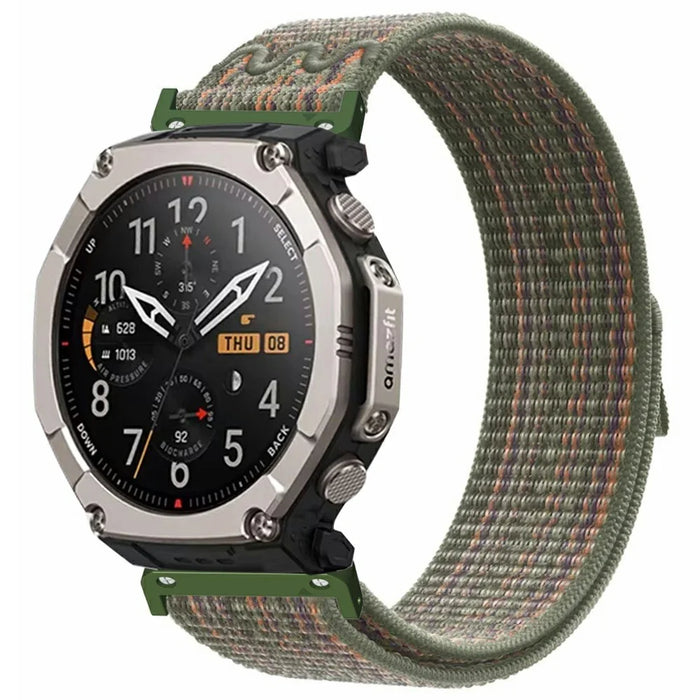 For Huami Amazfit T-Rex Ultra 2 26mm Embroidered Nylon Strap Replacement Loop Watch Band - Dark Green Orange - 2