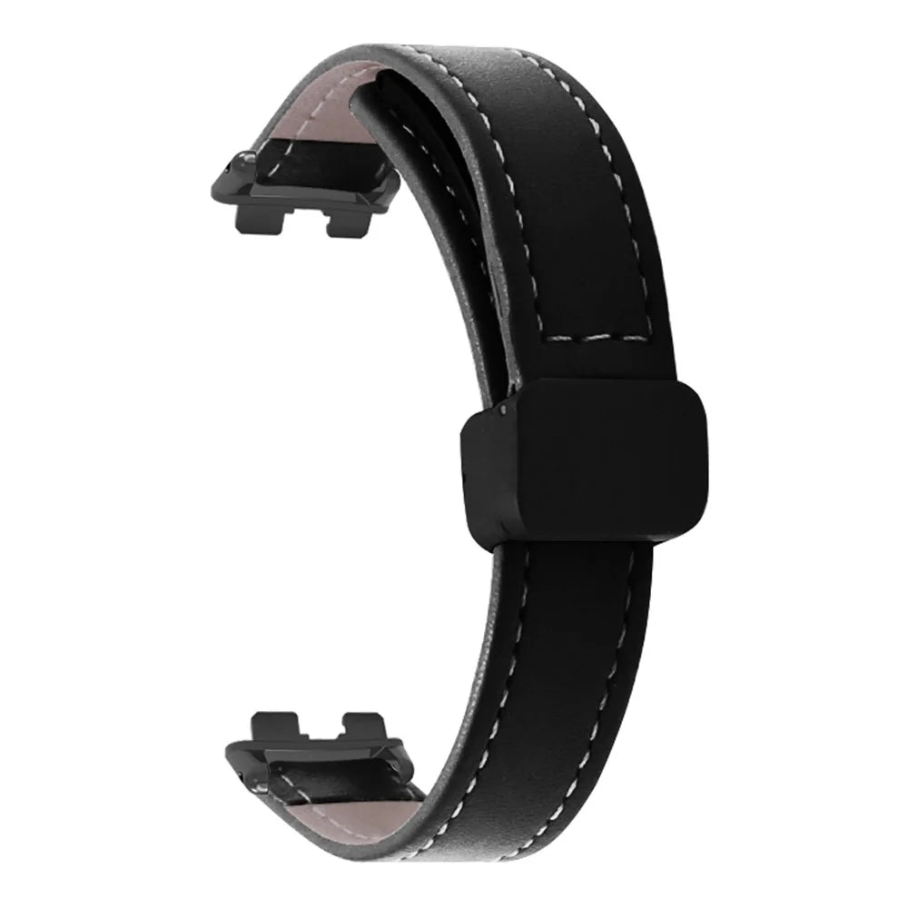 For Huawei Band 11 / 11 Pro Leather Watch Band Magnetic Folding Buckle Replacement Strap - Black - 2