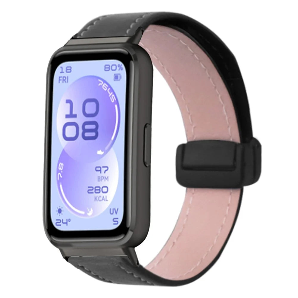 For Huawei Band 11 / 11 Pro Leather Watch Band Magnetic Folding Buckle Replacement Strap - Black - 3