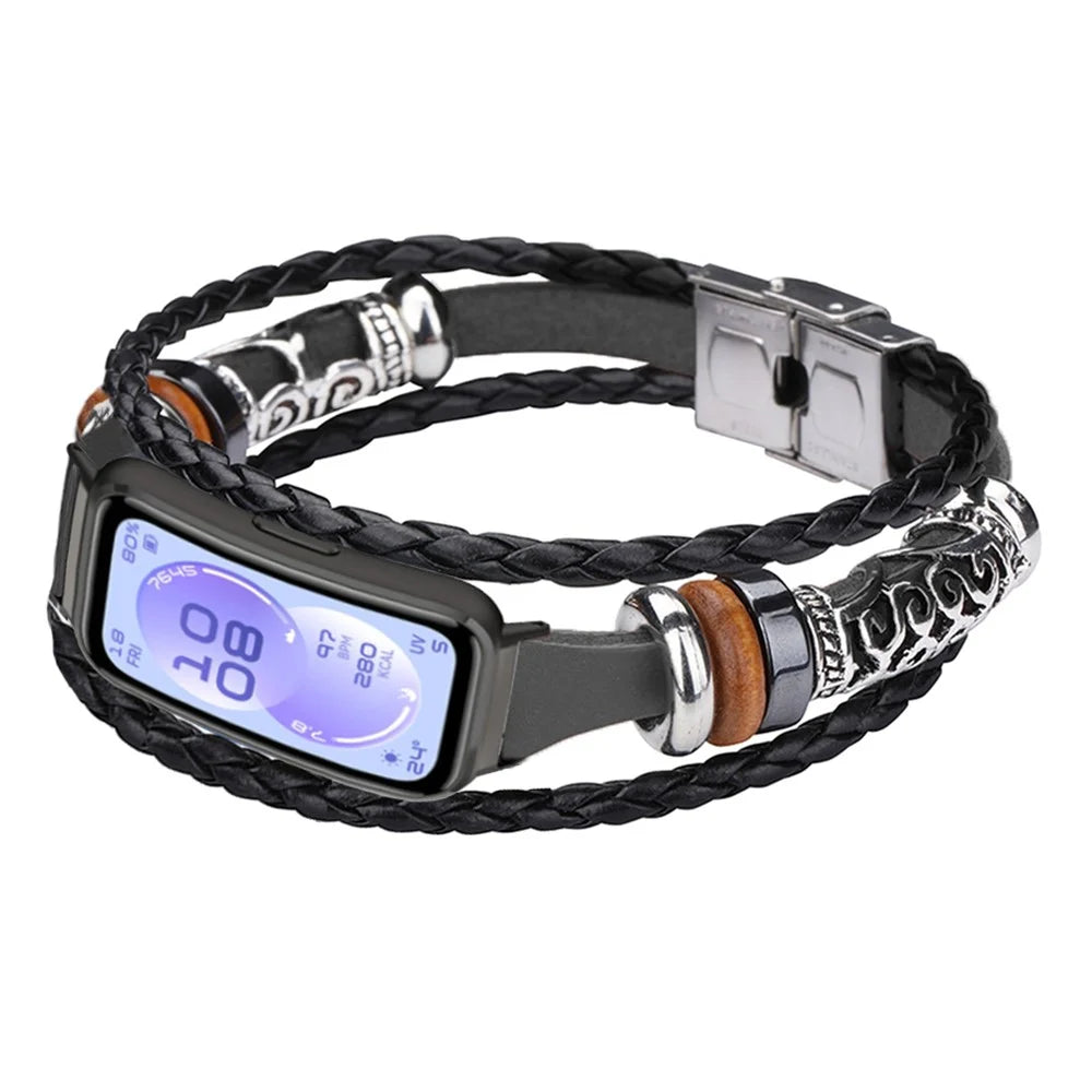 For Huawei Band 11 / 11 Pro Wrist Band Vintage Ethnic Leather Watch Bracelet - Black - 2