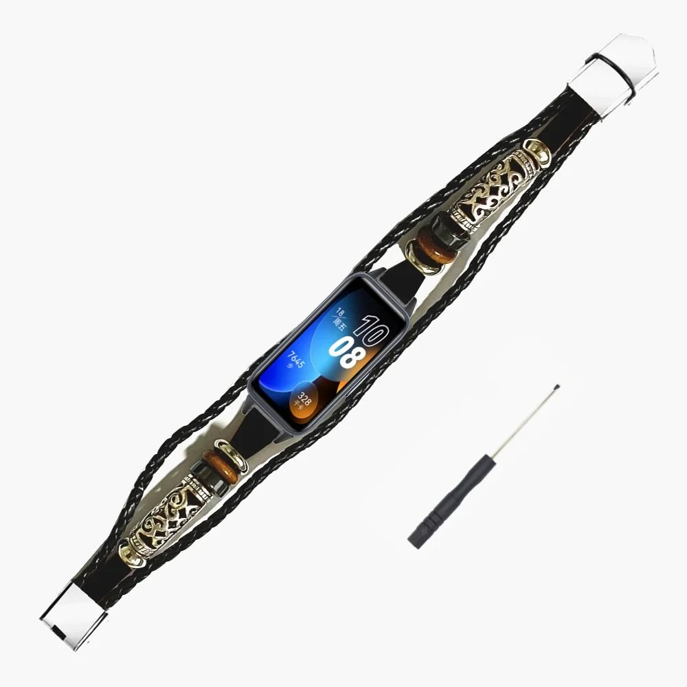 For Huawei Band 11 / 11 Pro Wrist Band Vintage Ethnic Leather Watch Bracelet - Black - 4