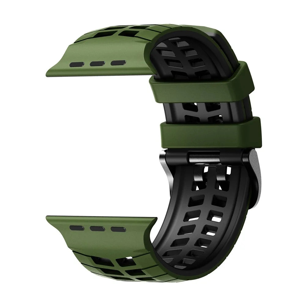 Double-row Holes Silicone Band for Apple Watch Ultra 3 2 1 49mm / Series 11 10 46mm / 9 8 7 45mm / SE3 SE2 SE 6 5 4 44mm / 3 2 1 42mm Dual Color Watch Strap - Army Green / Black - 2
