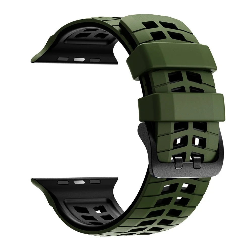 Double-row Holes Silicone Band for Apple Watch Ultra 3 2 1 49mm / Series 11 10 46mm / 9 8 7 45mm / SE3 SE2 SE 6 5 4 44mm / 3 2 1 42mm Dual Color Watch Strap - Army Green / Black - 3
