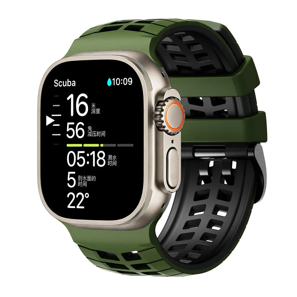Double-row Holes Silicone Band for Apple Watch Ultra 3 2 1 49mm / Series 11 10 46mm / 9 8 7 45mm / SE3 SE2 SE 6 5 4 44mm / 3 2 1 42mm Dual Color Watch Strap - Army Green / Black - 4