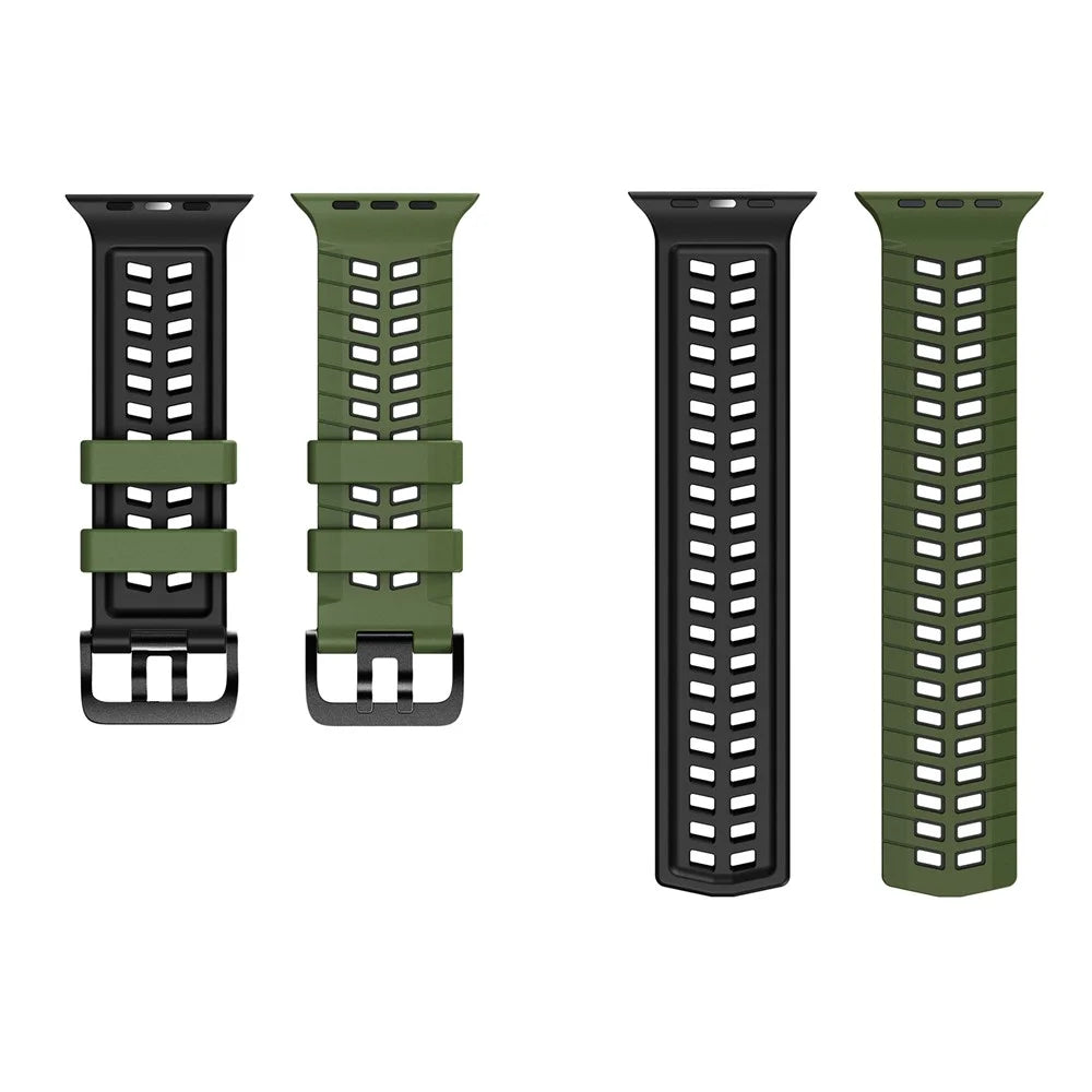 Double-row Holes Silicone Band for Apple Watch Ultra 3 2 1 49mm / Series 11 10 46mm / 9 8 7 45mm / SE3 SE2 SE 6 5 4 44mm / 3 2 1 42mm Dual Color Watch Strap - Army Green / Black - 5