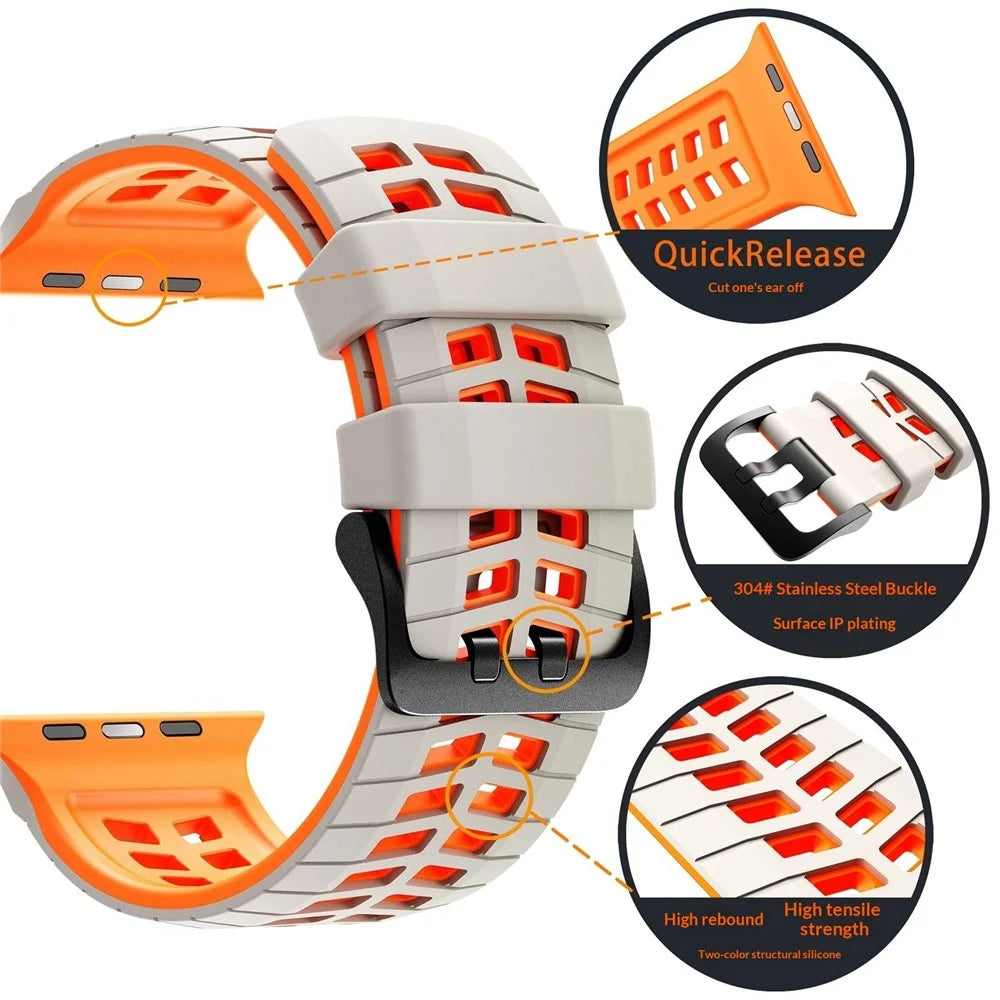 Double-row Holes Silicone Band for Apple Watch Ultra 3 2 1 49mm / Series 11 10 46mm / 9 8 7 45mm / SE3 SE2 SE 6 5 4 44mm / 3 2 1 42mm Dual Color Watch Strap - Army Green / Black - 6