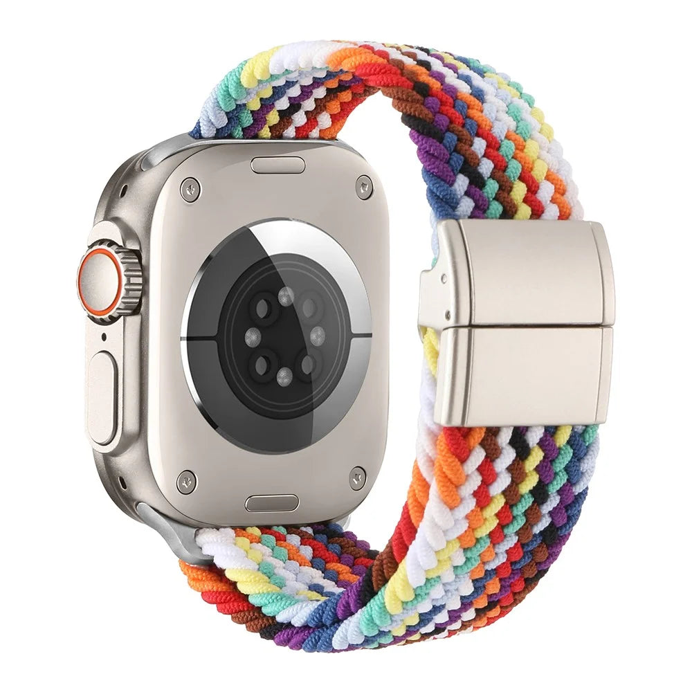Nylon Braided Band for Apple Watch Series 11 10 42mm / 9 8 7 41mm / SE3 SE2 SE 6 5 4 40mm / 3 2 1 38mm Magnetic Watch Strap with Metal Connector - Rainbow - 1