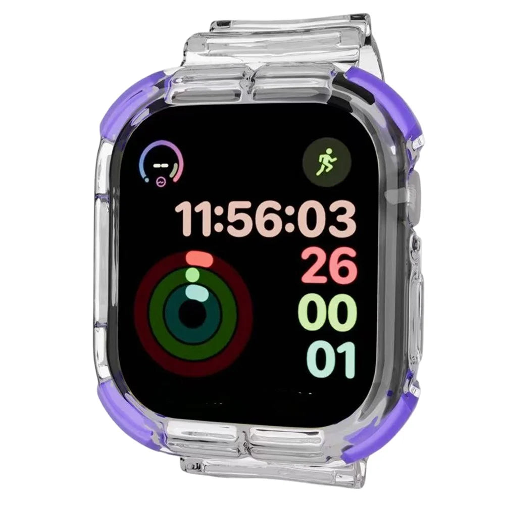 Strap for Apple Watch Ultra 3 2 1 49mm  /  Series 11 10 46mm  /  9 8 7 45mm  /  SE3 SE2 SE 6 5 4 44mm  /  3 2 1 42mm Shockproof Airbag Clear TPU Band with Integrated Watch Case - Transparent+Purple - 2