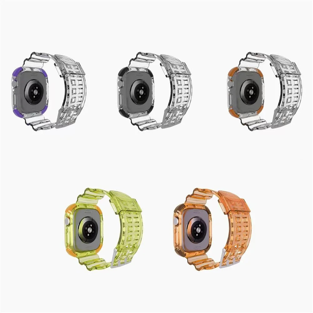 Strap for Apple Watch Ultra 3 2 1 49mm  /  Series 11 10 46mm  /  9 8 7 45mm  /  SE3 SE2 SE 6 5 4 44mm  /  3 2 1 42mm Shockproof Airbag Clear TPU Band with Integrated Watch Case - Transparent+Purple - 3