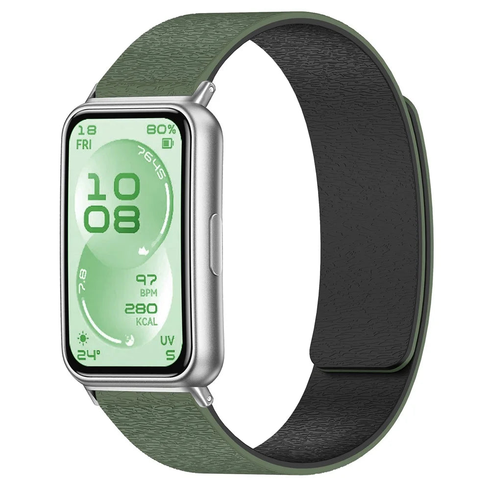 Watch Band for Huawei Band 11 / 11 Pro / 11 NFC / 11 Pro NFC Cloud Wood Grain Silicone Magnetic Strap - Dark Green+Black - 2