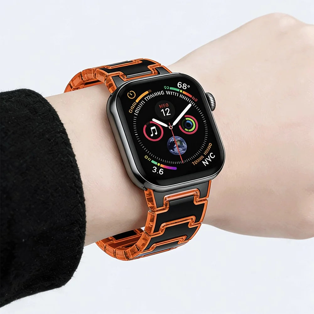 Dual Color Chain Link Band for Apple Watch Ultra 3 2 1 49mm / Series 11 10 46mm / 9 8 7 45mm / SE3 SE2 SE 6 5 4 44mm / 3 2 1 42mm Epoxy Resin + PC Watch Strap - Black / Orange - 4
