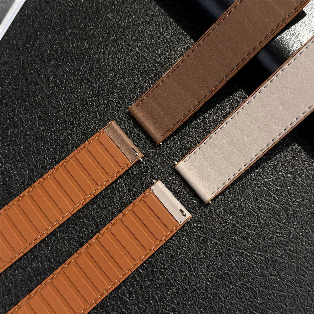 20mm Leather Coated Silicone Band for Samsung Galaxy Watch7 44mm / 40mm / Watch6 Classic 47mm / 43mm Magnetic Watch Strap - Black - 5