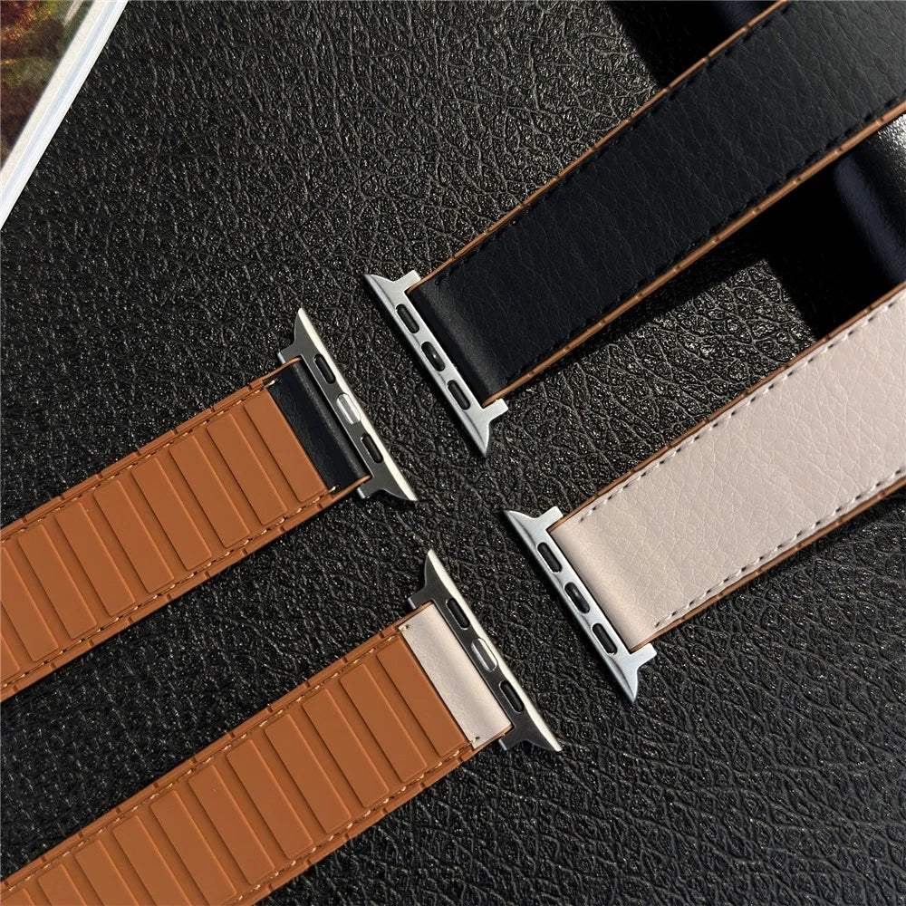 Leather Coated Silicone Band for Apple Watch Series 11 10 42mm / 9 8 7 41mm / SE3 SE2 SE 6 5 4 40mm / 3 2 1 38mm Magnetic Watch Strap - Black - 5