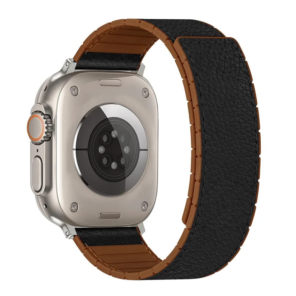 Leather Coated Silicone Band for Apple Watch Ultra 3 2 1 49mm / Series 11 10 46mm / 9 8 7 45mm / SE3 SE2 SE 6 5 4 44mm / 3 2 1 42mm Magnetic Watch Strap - Black - 1