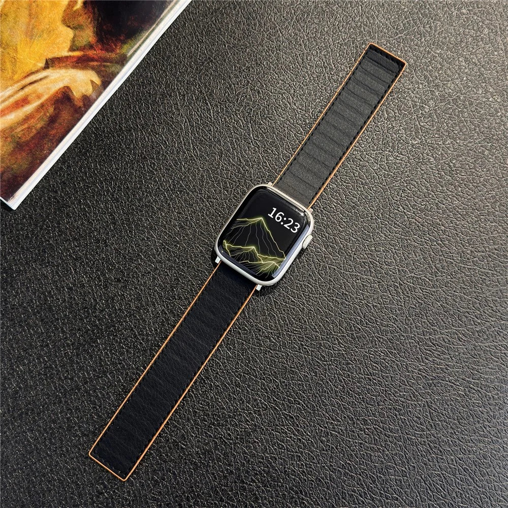Leather Coated Silicone Band for Apple Watch Ultra 3 2 1 49mm / Series 11 10 46mm / 9 8 7 45mm / SE3 SE2 SE 6 5 4 44mm / 3 2 1 42mm Magnetic Watch Strap - Black - 2