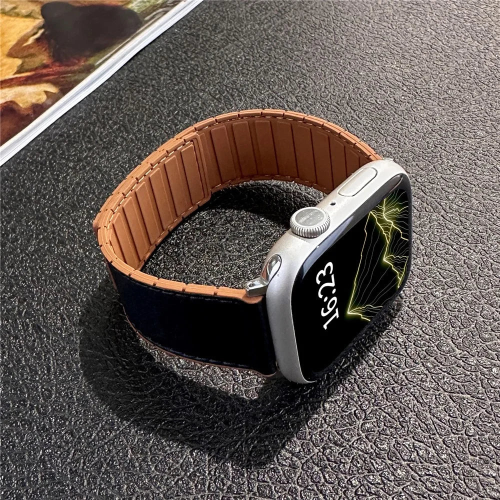 Leather Coated Silicone Band for Apple Watch Ultra 3 2 1 49mm / Series 11 10 46mm / 9 8 7 45mm / SE3 SE2 SE 6 5 4 44mm / 3 2 1 42mm Magnetic Watch Strap - Black - 3