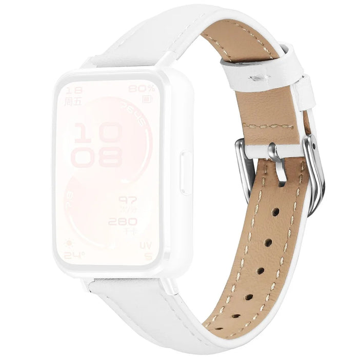 Watch Band for Huawei Band 11 Pro NFC / 11 NFC / 11 Pro / 11 Silver Buckle Slim Leather Strap - White - 1