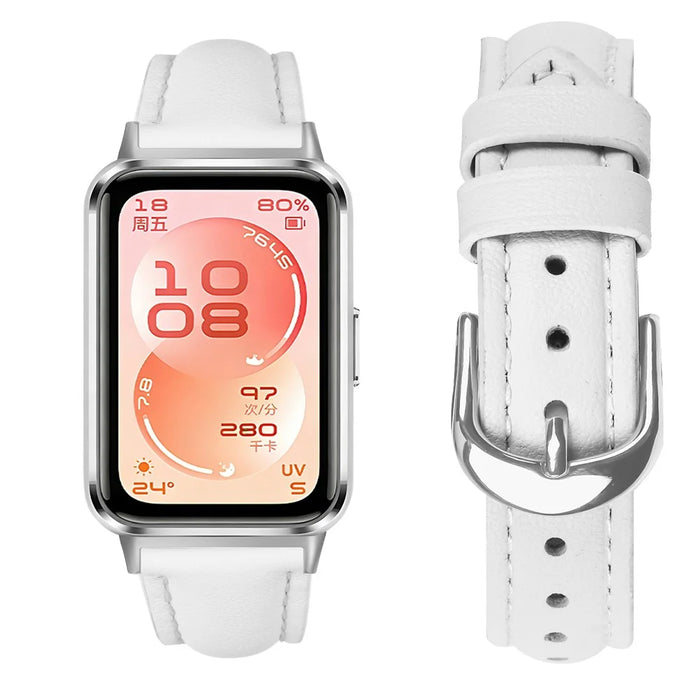 Watch Band for Huawei Band 11 Pro NFC / 11 NFC / 11 Pro / 11 Silver Buckle Slim Leather Strap - White - 3