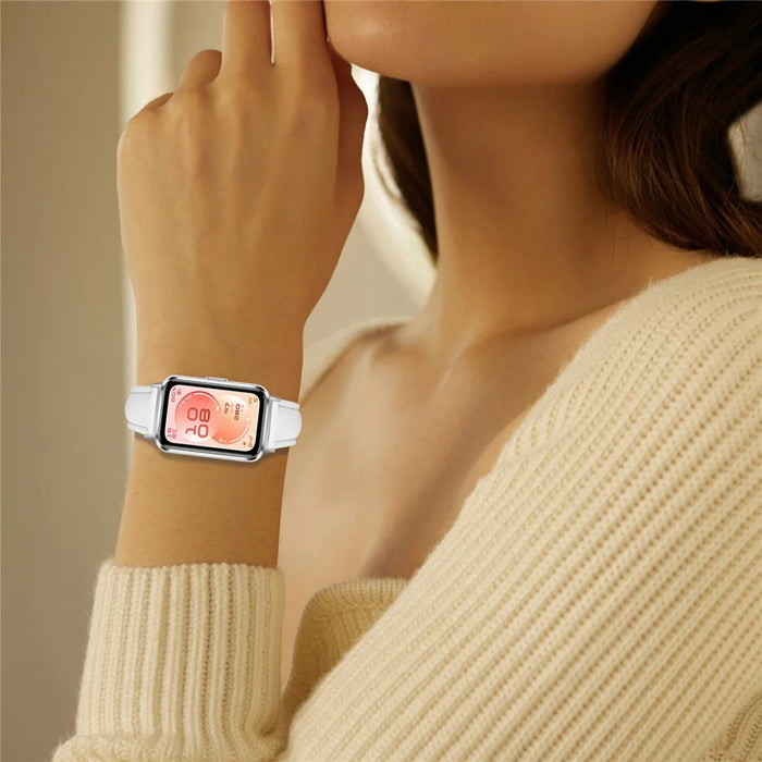 Watch Band for Huawei Band 11 Pro NFC / 11 NFC / 11 Pro / 11 Silver Buckle Slim Leather Strap - White - 4