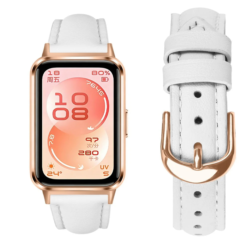 Watch Band for Huawei Band 11 Pro NFC / 11 NFC / 11 Pro / 11 Rose Gold Buckle Slim Leather Strap - White - 3