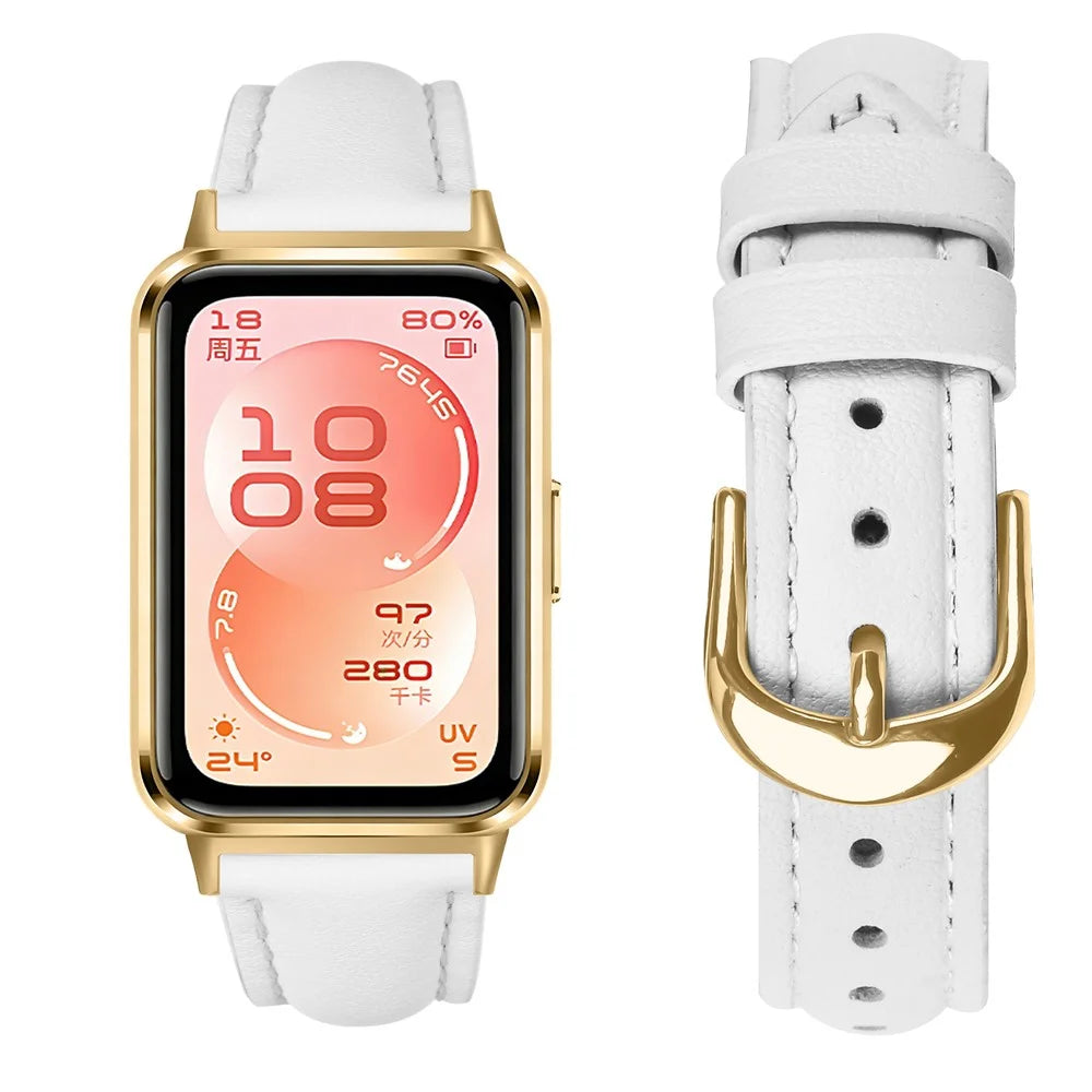 Watch Band for Huawei Band 11 Pro NFC / 11 NFC / 11 Pro / 11 Gold Buckle Slim Leather Strap - White - 3