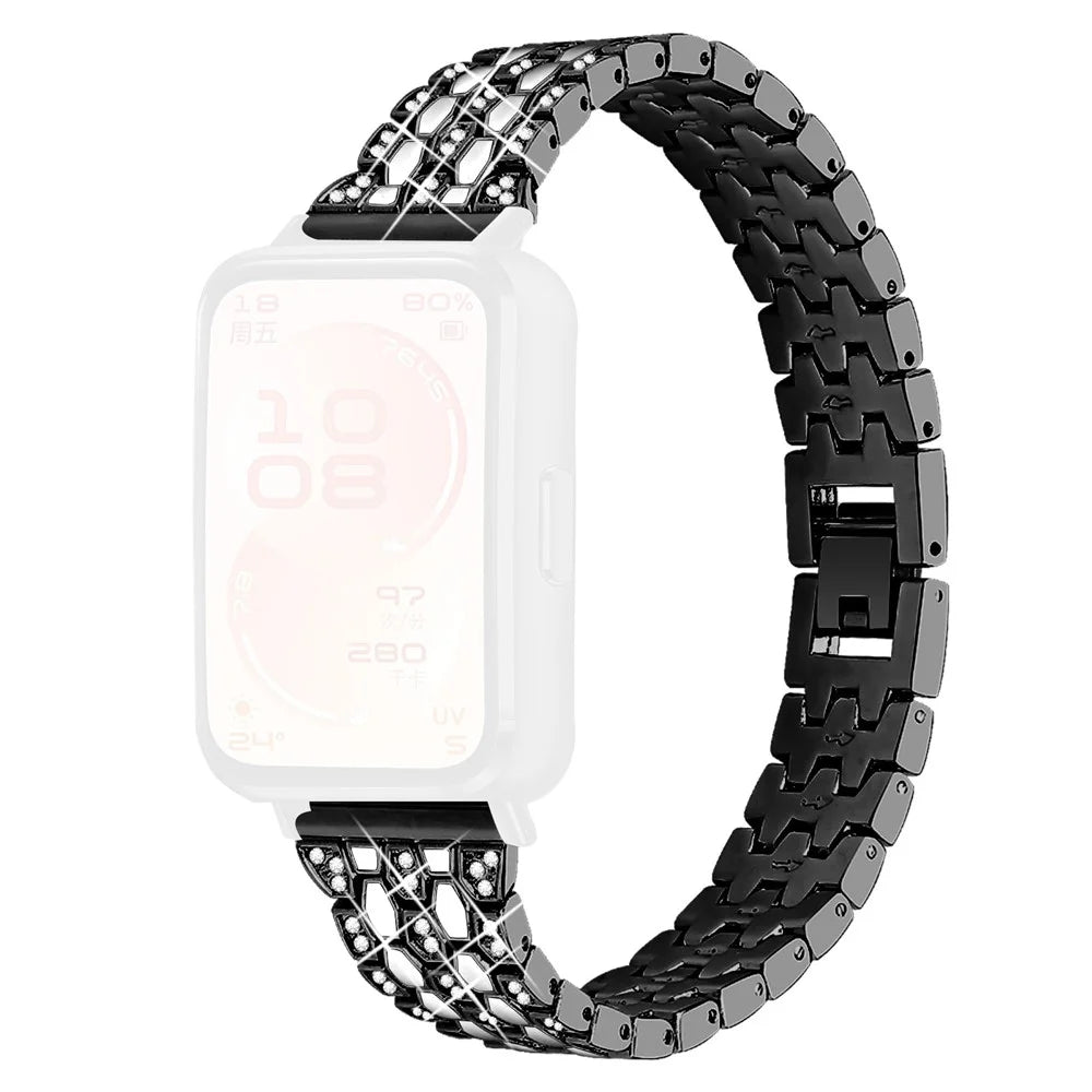 Metal Watch Band for Huawei Band 11 Pro NFC / 11 NFC / 11 Pro / 11 Rhinestones Decor Replacement Strap - Black+White - 1