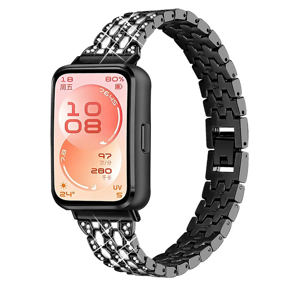 Metal Watch Band for Huawei Band 11 Pro NFC / 11 NFC / 11 Pro / 11 Rhinestones Decor Replacement Strap - Black+White - 2