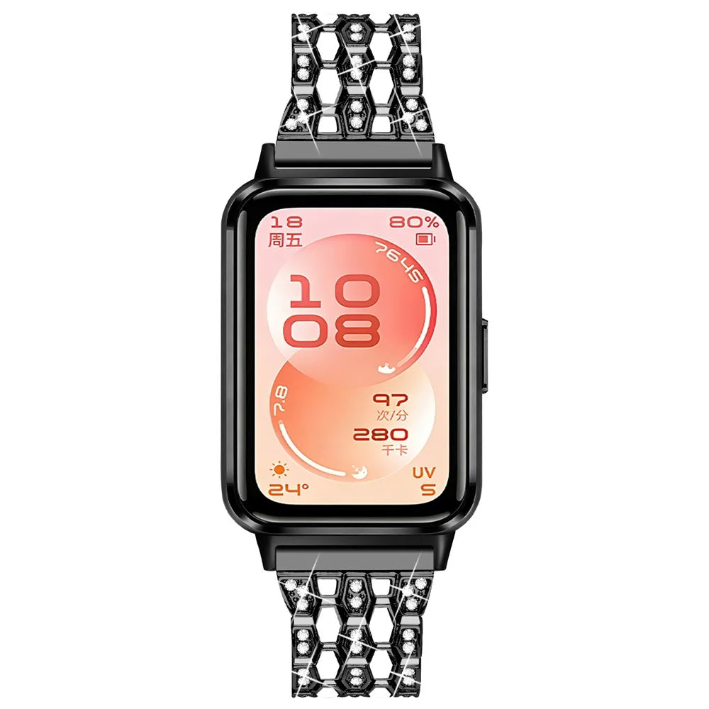 Metal Watch Band for Huawei Band 11 Pro NFC / 11 NFC / 11 Pro / 11 Rhinestones Decor Replacement Strap - Black+White - 3