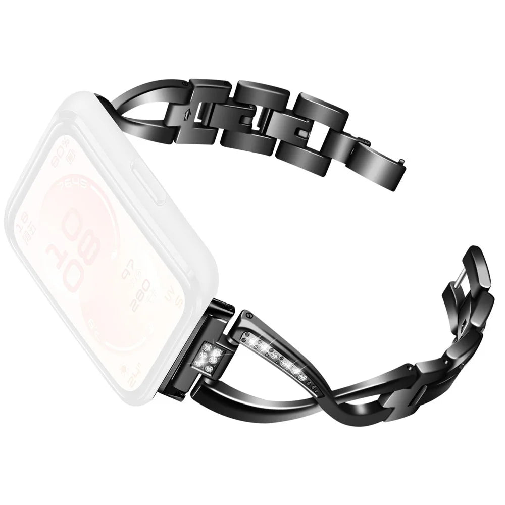 Large X Design Watch Strap for Huawei Band 11 Pro NFC / 11 NFC / 11 Pro / 11 Rhinestone Decor Zinc Alloy Band - Black - 1
