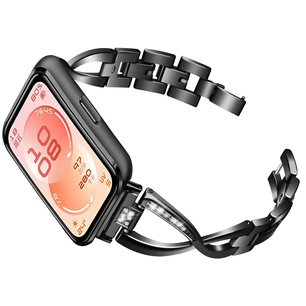 Large X Design Watch Strap for Huawei Band 11 Pro NFC / 11 NFC / 11 Pro / 11 Rhinestone Decor Zinc Alloy Band - Black - 2