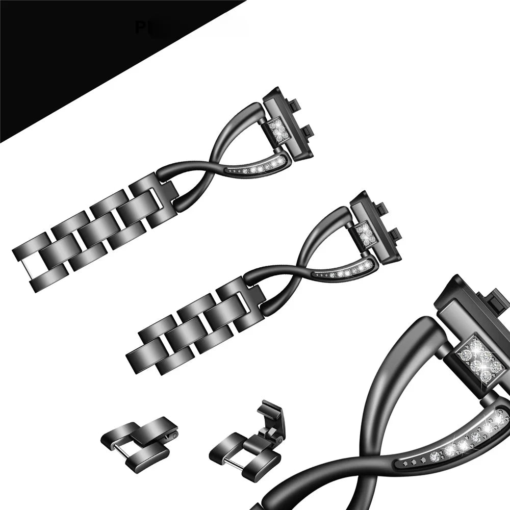 Large X Design Watch Strap for Huawei Band 11 Pro NFC / 11 NFC / 11 Pro / 11 Rhinestone Decor Zinc Alloy Band - Black - 3