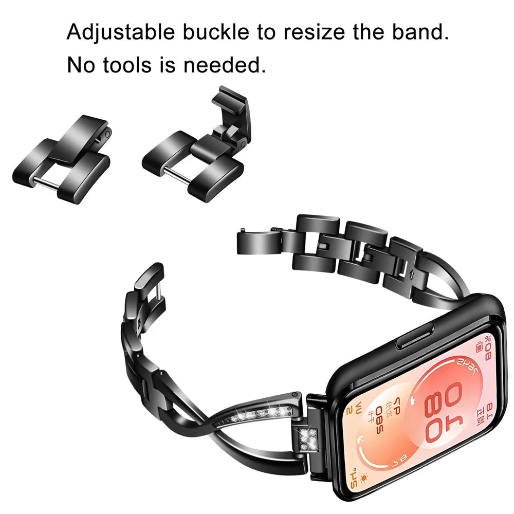 Large X Design Watch Strap for Huawei Band 11 Pro NFC / 11 NFC / 11 Pro / 11 Rhinestone Decor Zinc Alloy Band - Black - 5