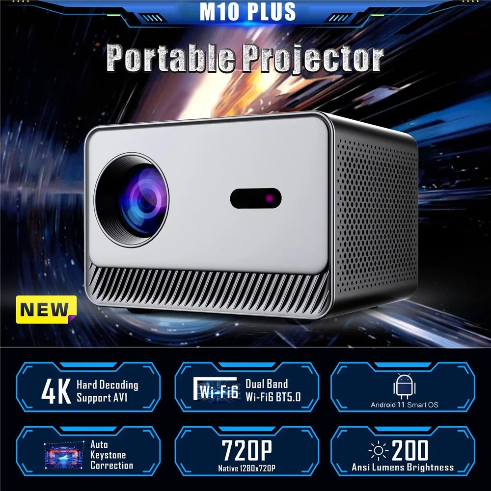 M10 Plus Portable Mini Projector 720P HD Android 11 4K Decoding WiFi 6 Dual Band Home Cinema Projector - Grey - 6