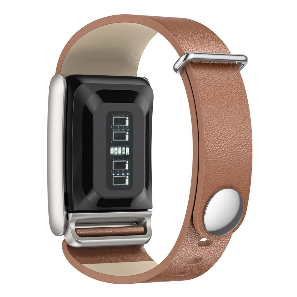 For WHOOP 5.0 Leather Band Stainless Steel Buckle Replacement Watch Strap - Brown / Titanium - 2